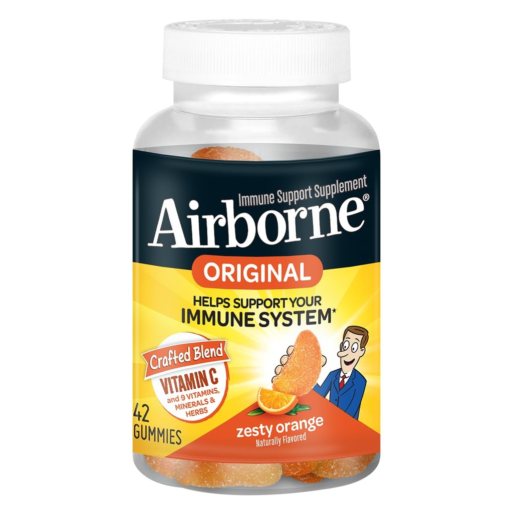 Airborne C 750 mg (per Servis) Zesty Orange Flavored Gummies (42 Bir Şişede Kont), Gluten-Free Immune Support Supplement with Vitamins A C E, Selenium, Echinacea, Ginger, Antioxy