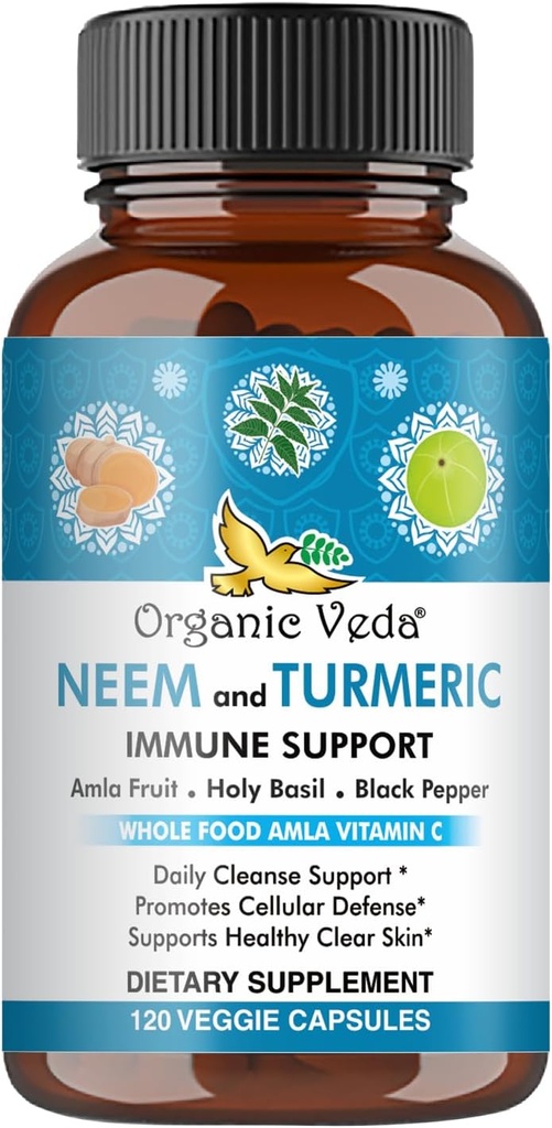 Βιολογικές κάψουλες Veda Neem & Turmeric με Amla Φρούτα, Tulsi, Ιερός Βασίλειος, εκχύλισμα Μαύρου Πιπεριού - Συμπλήρωμα Διατροφής Ανοσολογικής Υποστήριξης - Ενισχύει Υγιεινή Καθαρή Δέρμα & Κυτταρική Άμυνα - 120 Κάψουλες Vegan