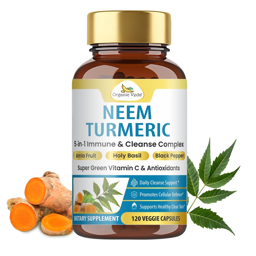 Organik Veda Neem & Turmeric Capsules with Amla Fruit, Tulsi, Holy Basil, Black Pepper Extract - Immune Support Diyetary Supplement - Boosts Health Clear Skin & Cellular Defense - 120 Vegan Capsules