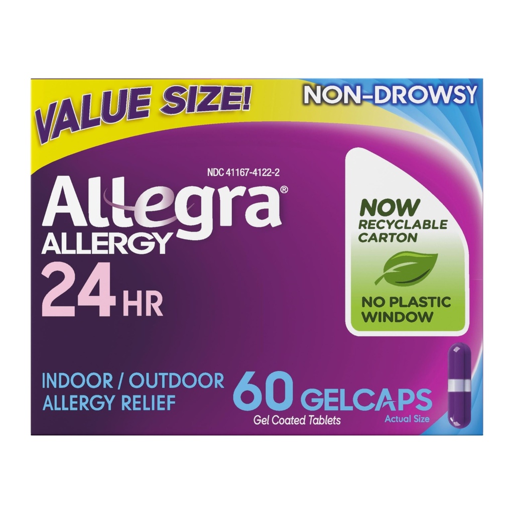 Allegra Yetişkin 24 Saat Antivirüs Relief Gelcaps, Non-Drowsy Kapalı ve Açık Alerji ilacı, 180 mg Fexofenadine HCI Antihistamine Pill, 60-Count