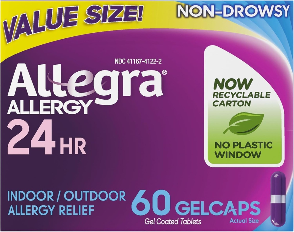 Allegra Yetişkin 24 Saat Antivirüs Relief Gelcaps, Non-Drowsy Kapalı ve Açık Alerji ilacı, 180 mg Fexofenadine HCI Antihistamine Pill, 60-Count