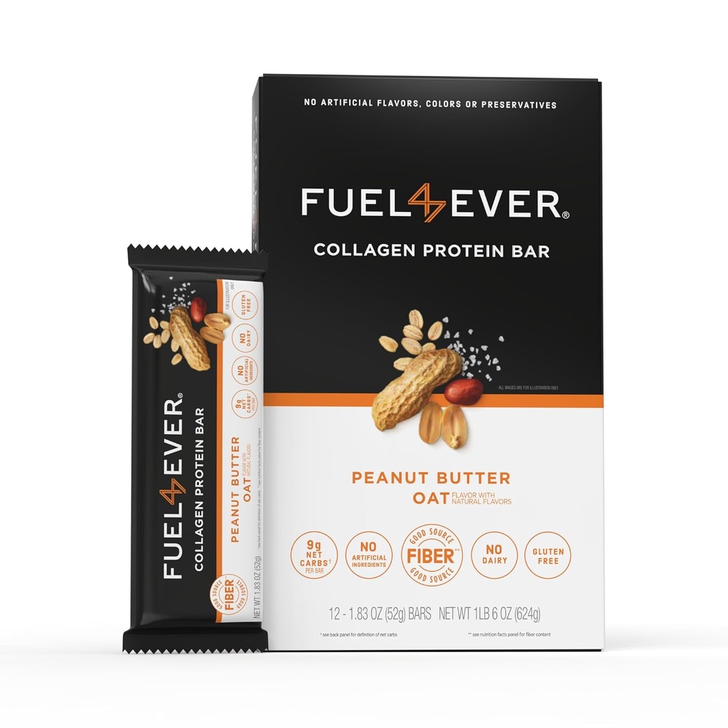 Yakıt 4 Ever Collagen protein Bars | 14G protein, Gluten Free, Dairy Free, No Stevia veya Yapay Malzemeler eklendi, Honey | Peanut Butter Oat Flavor (12.Box)