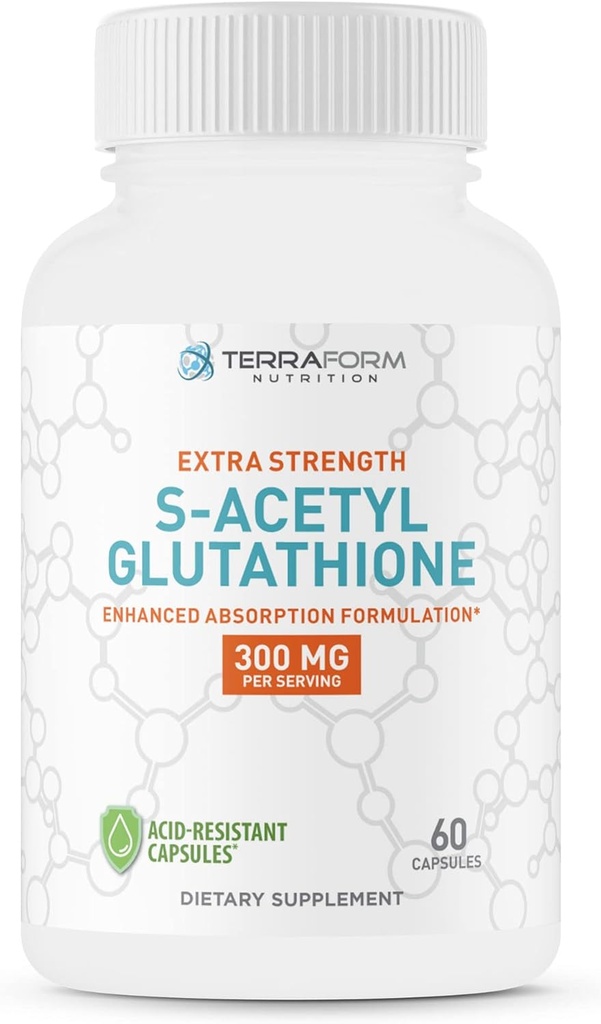 TerraForm Beslenme Ekstra Güç S-Acetyl Glutathione 300 mg - 60 Asit-Resistant Capsules - Premium Glutathione Supplement - Highly Bio available & Stable Form SAG Supplement – Made in USA