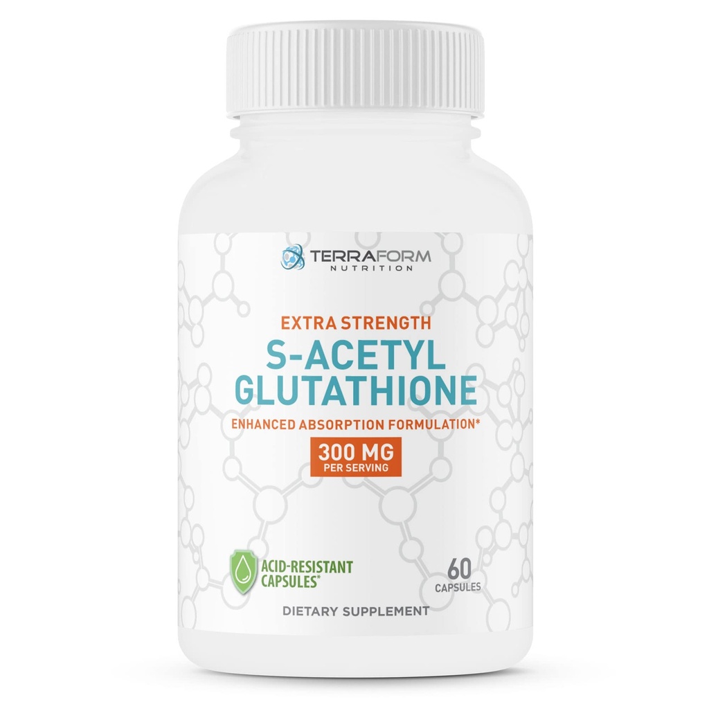 TerraForm Nutrition Extra Strength S-Acetyl Glutathionone 300mg – 60 Acid-Resistant Capsules - Premium συμπλήρωμα γλουταθειόνης - Εξαιρετικά βιοδιαθέσιμο και σταθερό συμπλήρωμα SAG μορφή – Made in USA