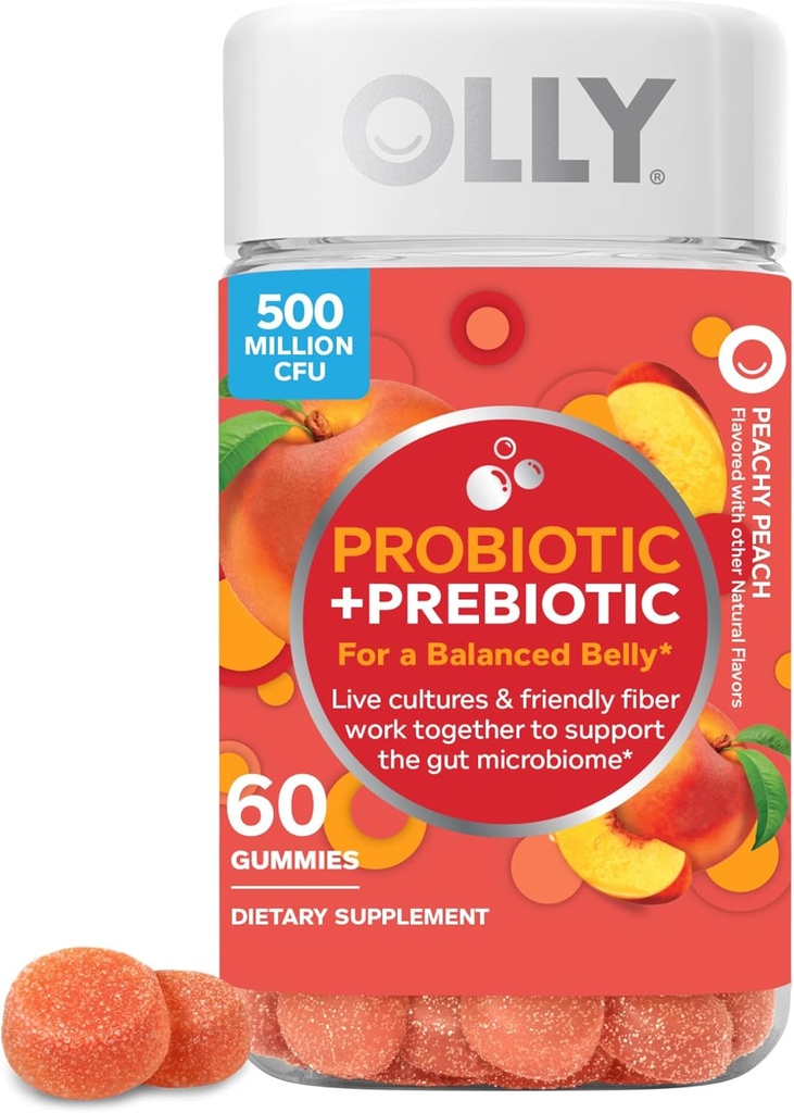 OLLY Probiyotik + Prebiyotik Gummy, Digestive Support and Gut Health, 500 Milyon CFUs, Fiber, Yetişkin Chewable Supplement for Men and Women, Peach, 60 Day Supply - 60 Count