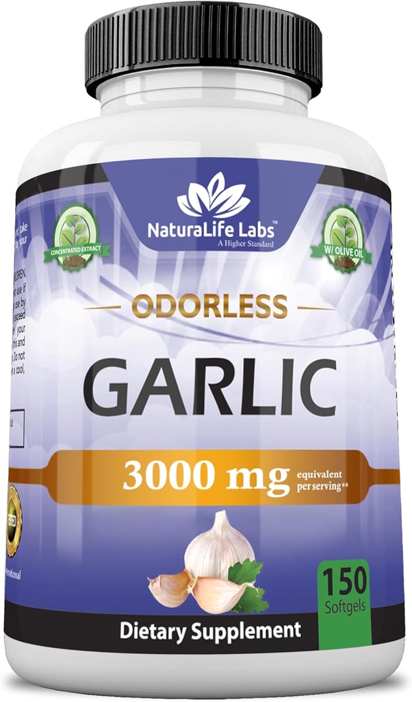 NaturaLife Labs Odorless Σκόρδο – 3.000 mg Ισοδύναμο ανά Σερβίρισμα – 150 Softgels – Συμπυκνωμένο εκχύλισμα σκόρδου με Βιολογικό Έξτρα Παρθένο Ελαιόλαδο – Μη ΓΤΟ, Χωρίς Γλουτένη