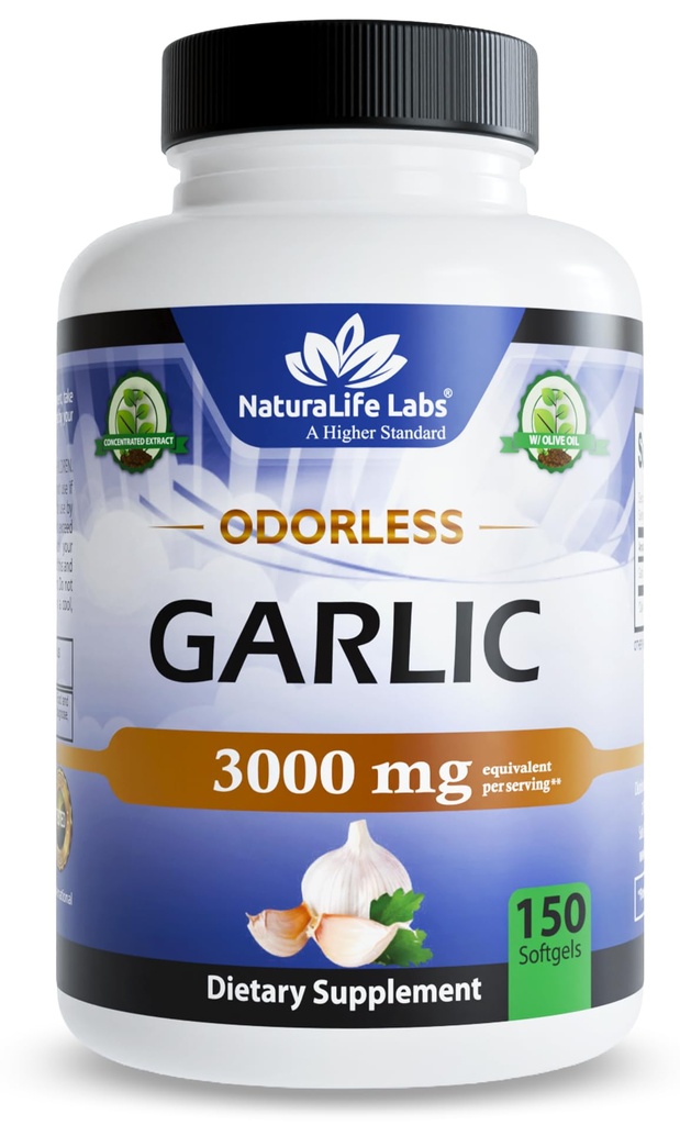 NaturaLife Labs Odorless Σκόρδο – 3.000 mg Ισοδύναμο ανά Σερβίρισμα – 150 Softgels – Συμπυκνωμένο εκχύλισμα σκόρδου με Βιολογικό Έξτρα Παρθένο Ελαιόλαδο – Μη ΓΤΟ, Χωρίς Γλουτένη