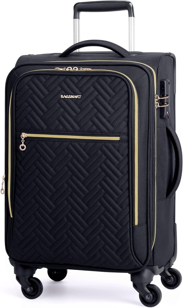 BAGSMART Bagaj 20 inç,Softside Spinner Wheels ile genişletilebilir, Bagaj 22x14x9 Airline Kadın Erkek için Hafif Ceketleri Onayladı, Compact-On (Black)