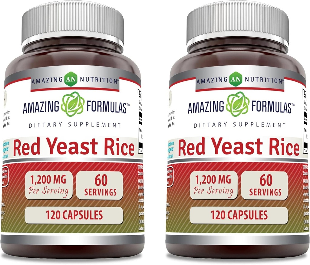 Amazing Formulas Red Yeast Rice 1200 mg Per Service Capsules Supplement | Non-GMO | Gluten Free | Made in USA (120 Count | 2 Pack)