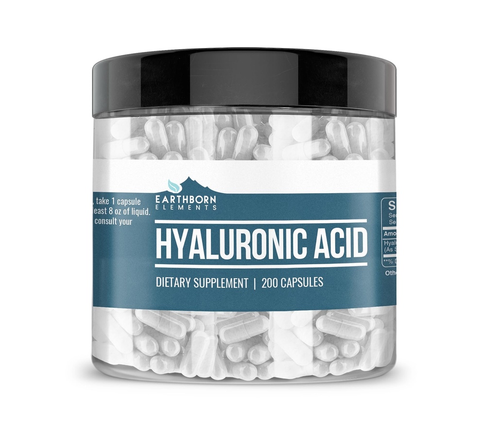 Earthborn Elements Hyaluronic Acid 200 Capsules, Pure & Undiled, No Wordss