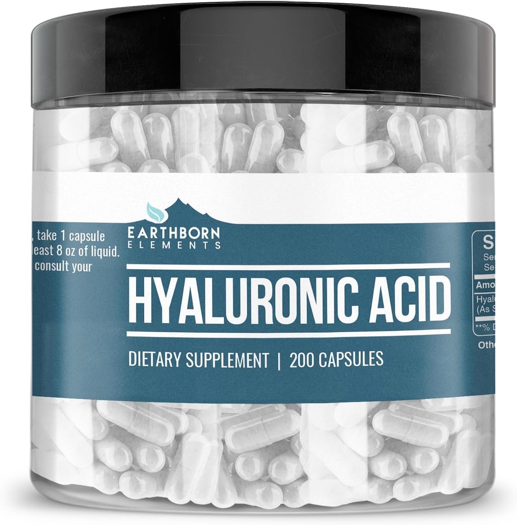 Earthborn Elements Hyaluronic Acid 200 Capsules, Pure & Undiled, No Wordss