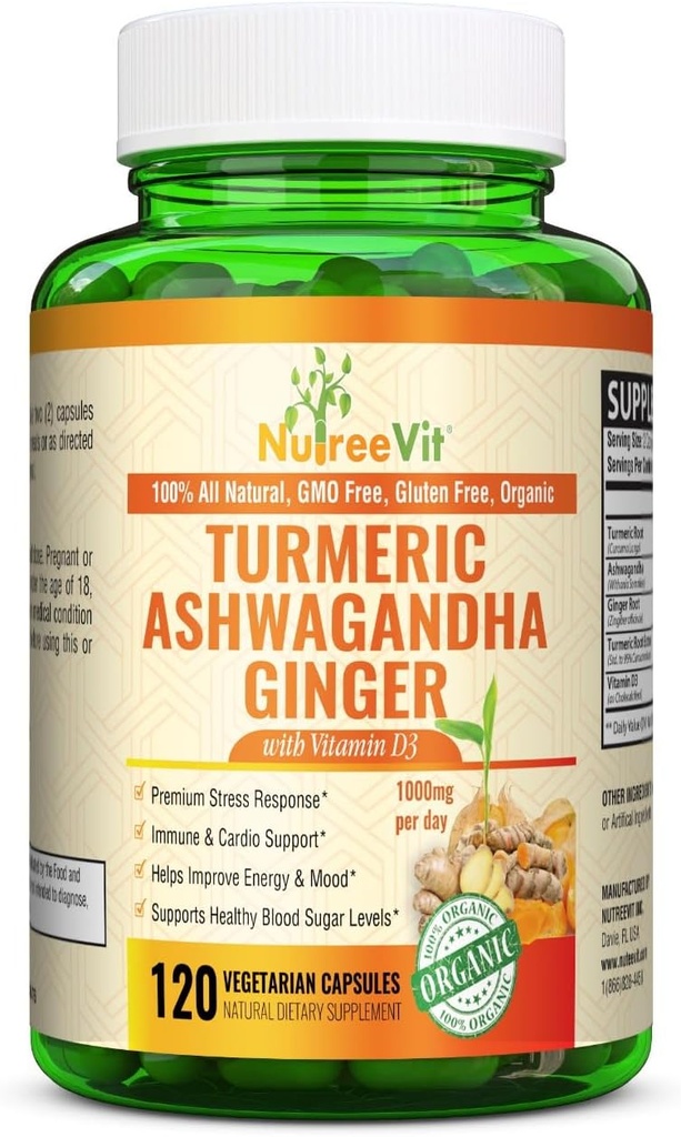 NutreeVit Organic Turmeric with Ashwagandha & Ginger - 120 Capsules | Ashwagandha Root & Turmeric Supplement with Vitamin D3 | Herbal Supplement for General Wellness