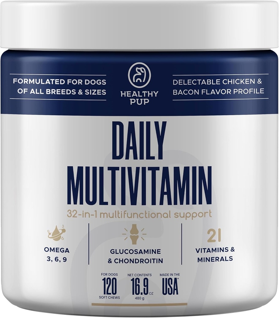 Dog Multivitamin Supplement - 120 Soft Chew Dog Vitamins ve Supplements with Omega, Probiyotiks, Glucosamine ve Daha Fazla - Küçük, Büyük ve Yaşlı Köpekler için