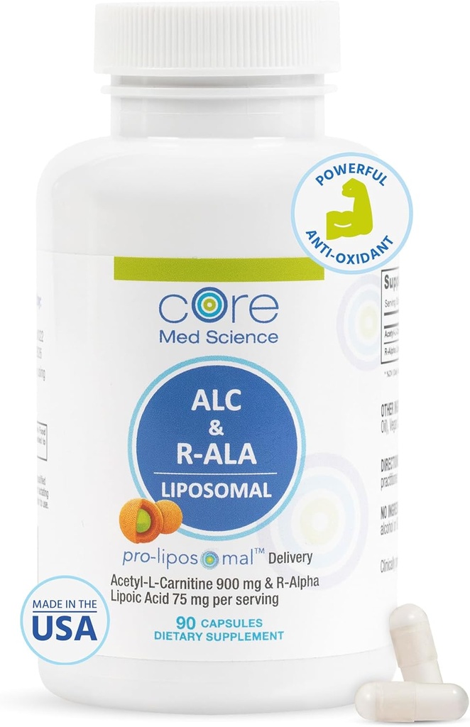 Core Med Science Liposomal ALC & R-ALA Supplement Capsules - Acetyl-L-Carnitine (900 mg) & R-Alpha Lipoic Acid (75 mg) - Enerji ve Odaklı Destekler Ruh Fonksiyonlar ve Hafıza Bilişleri (90)