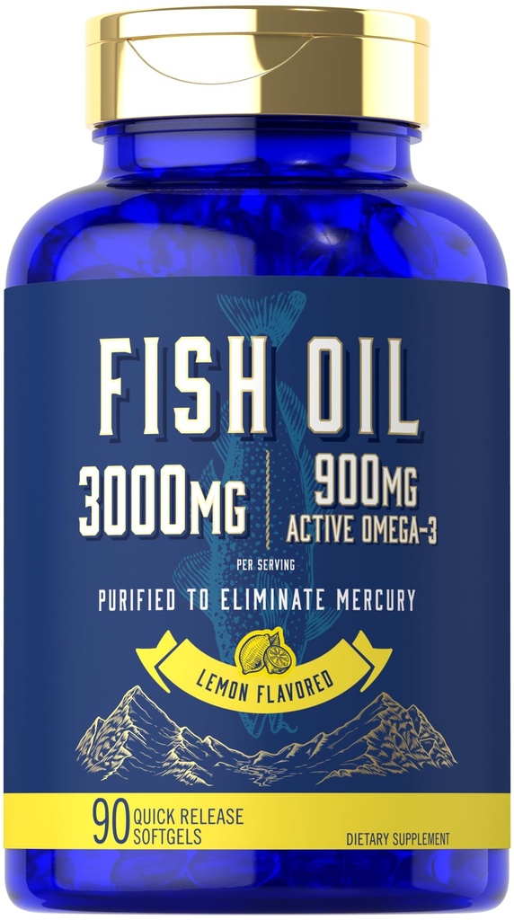 Carlyle Fish Oil 3000 mg | 900 mg Omega 3 | 90 Softgels | Lemon Flavor | Non-GMO ve Gluten Free Supplement