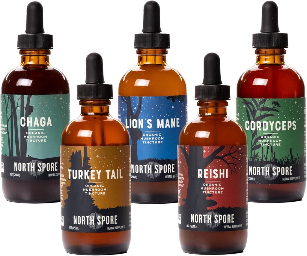 Kuzey Sporu (5-Pack) Mushroom Tincture Çeşitli Paket, 4 oz Her | Aslan'ın Mane, Chaga, Cordyceps, Türkiye Tail, Reishi | Organik, Vegan, Non-GMO | 100% Meyve