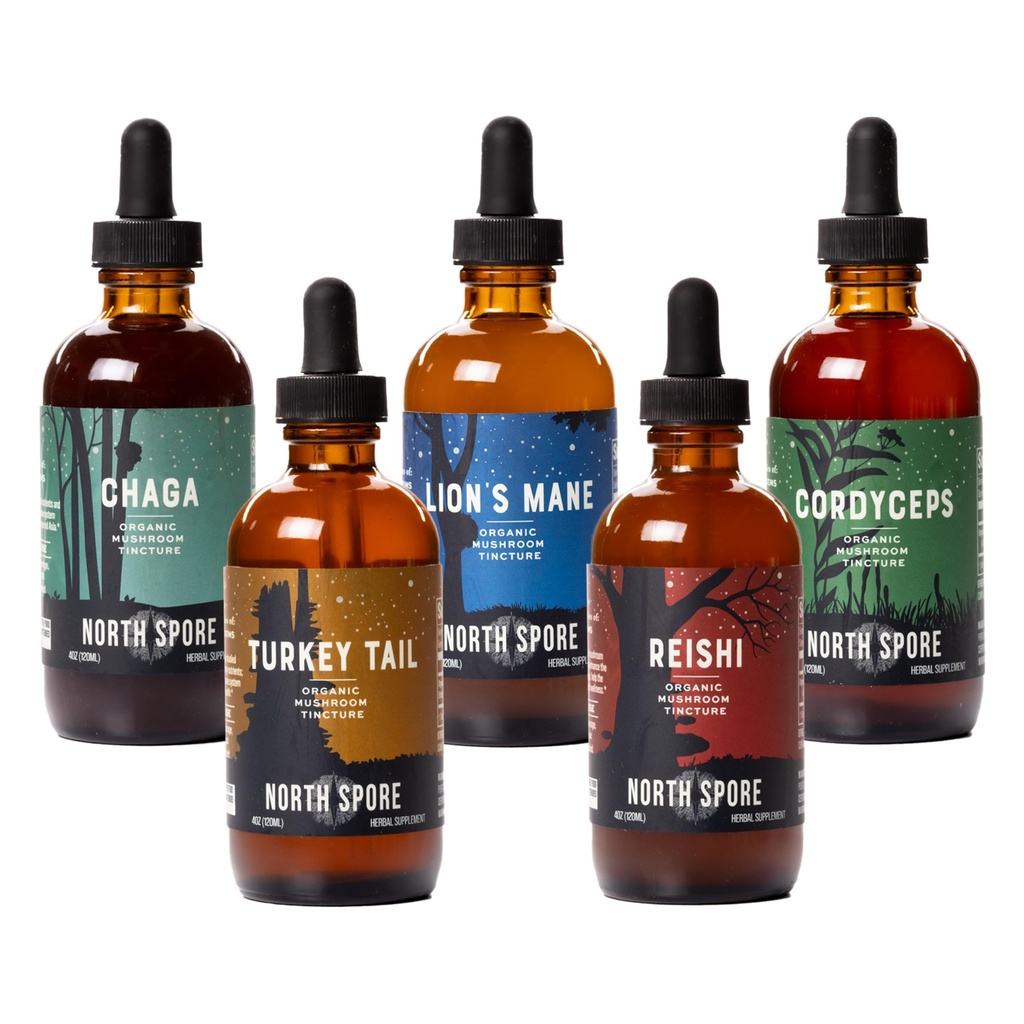 Kuzey Sporu (5-Pack) Mushroom Tincture Çeşitli Paket, 4 oz Her | Aslan'ın Mane, Chaga, Cordyceps, Türkiye Tail, Reishi | Organik, Vegan, Non-GMO | 100% Meyve