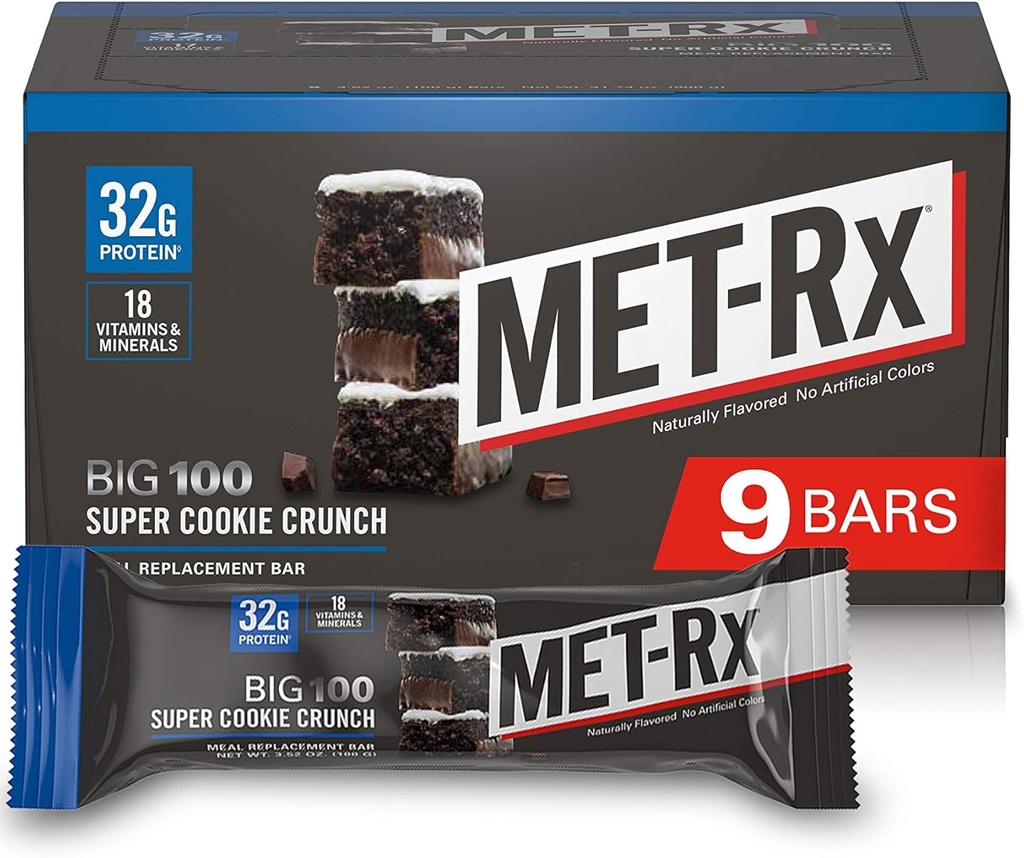 MET-Rx Big 100 Protein Bar, Meal Change Bar, 32G Protein, Super Cookie Crunch, 9 Bars (Pack of 1)