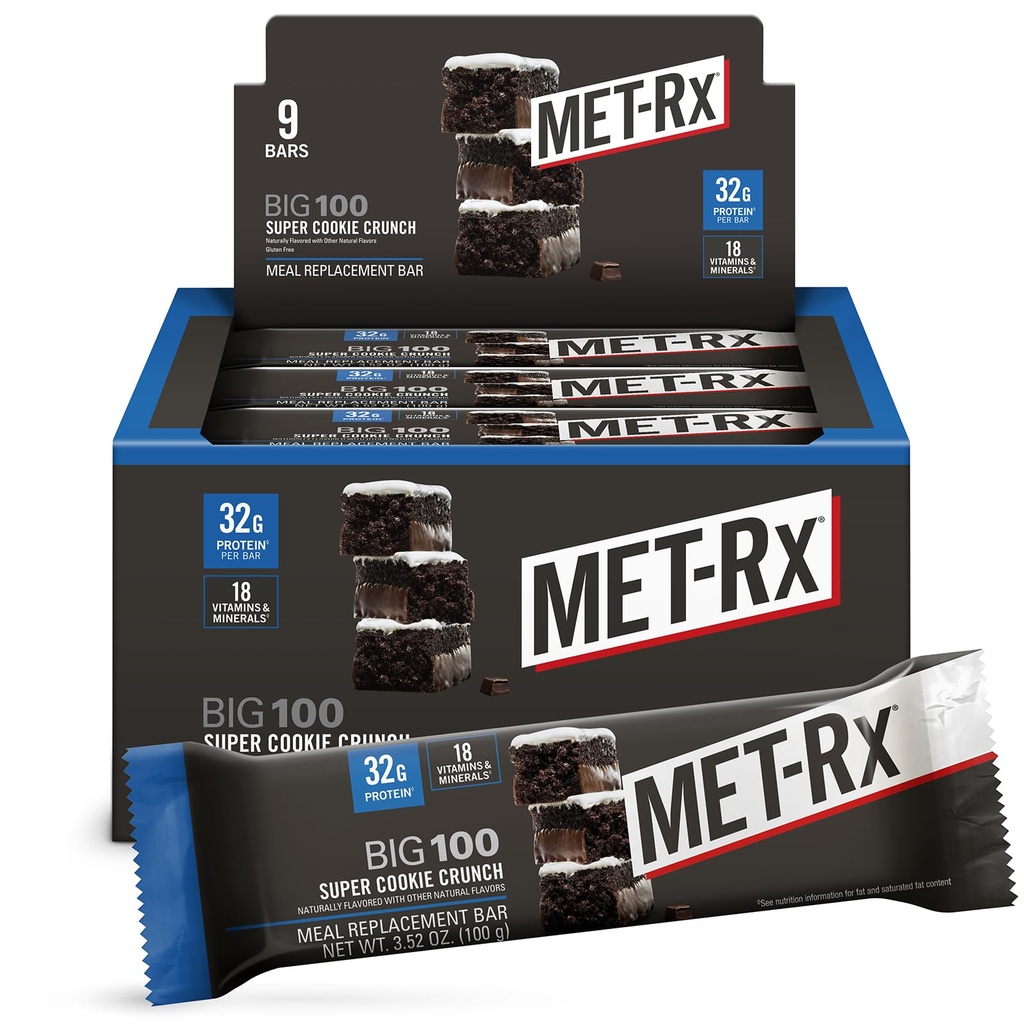 MET-Rx Big 100 Protein Bar, Meal Change Bar, 32G Protein, Super Cookie Crunch, 9 Bars (Pack of 1)
