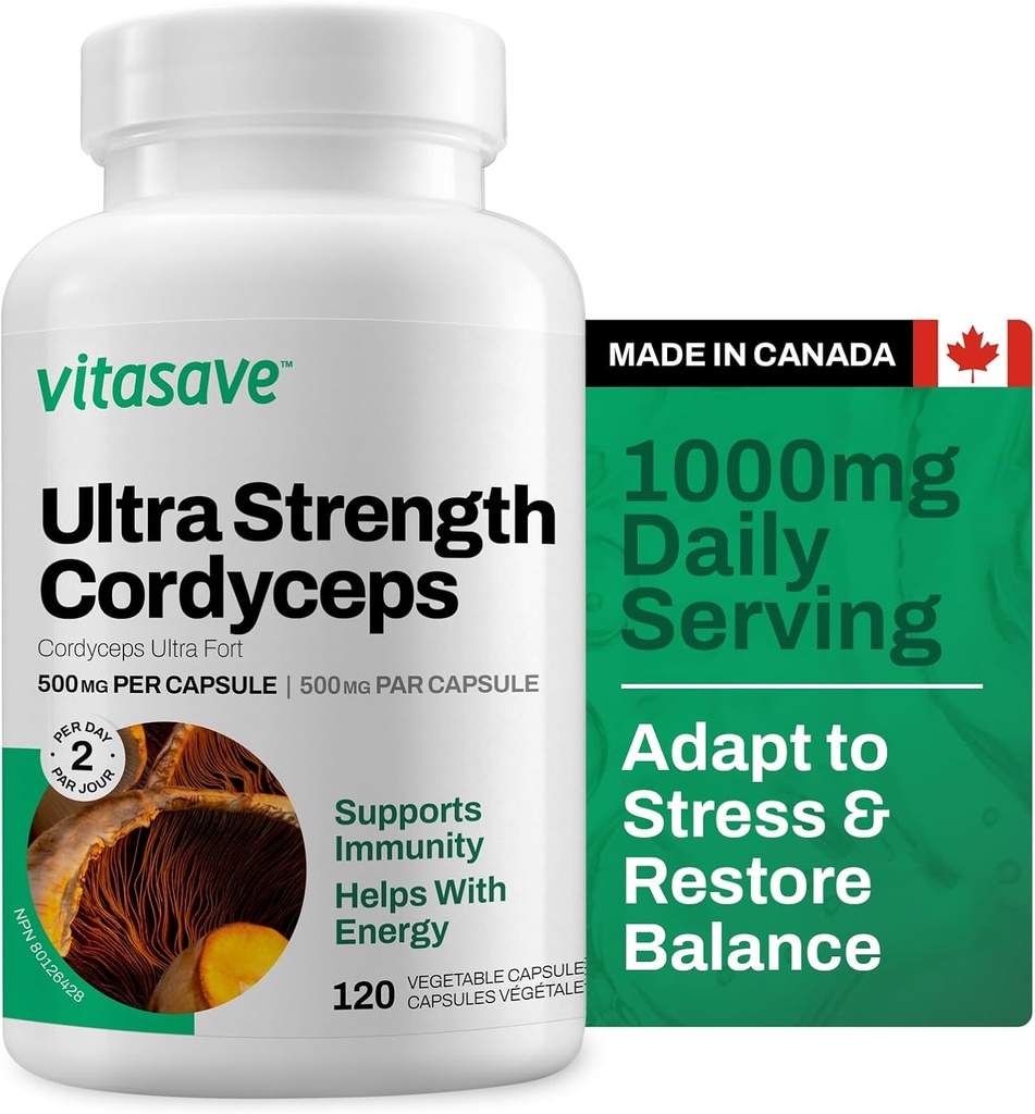 Vitasave Cordyceps Mushroom Supplement – 1000 mg Ultra Strength – Natural Energy, Endurance & Immune Support – Pure Vegan Capsules – Non-GMO, Gluten-Free – 120 Count (60 Day Supply)