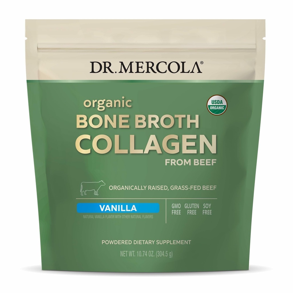 Dr. Mercola Organic Bone Broth Collagen Toz - Bone Health & Muscle Growth - USDA Organic, Non-GMO, Gluten-Free & Dairy-Free - 30 Hizmet - Vanilla Flavor