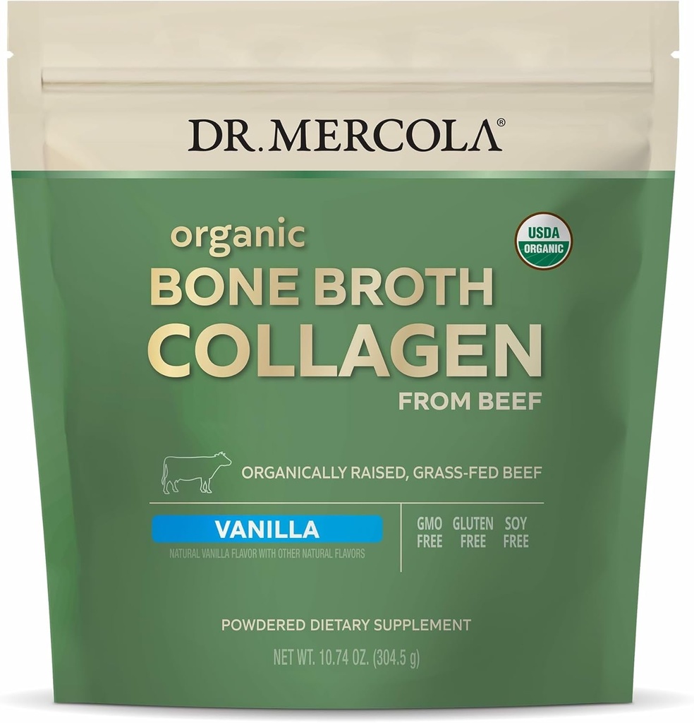 Dr. Mercola Organic Broth Collagen Powder - Υποστηρίζει την υγεία των οστών και την ανάπτυξη των μυών - USDA Organic, Non-GMO, Gluten-free & Dairy-Free - 30 εξυπηρετούν - Βανίλια Γεύση