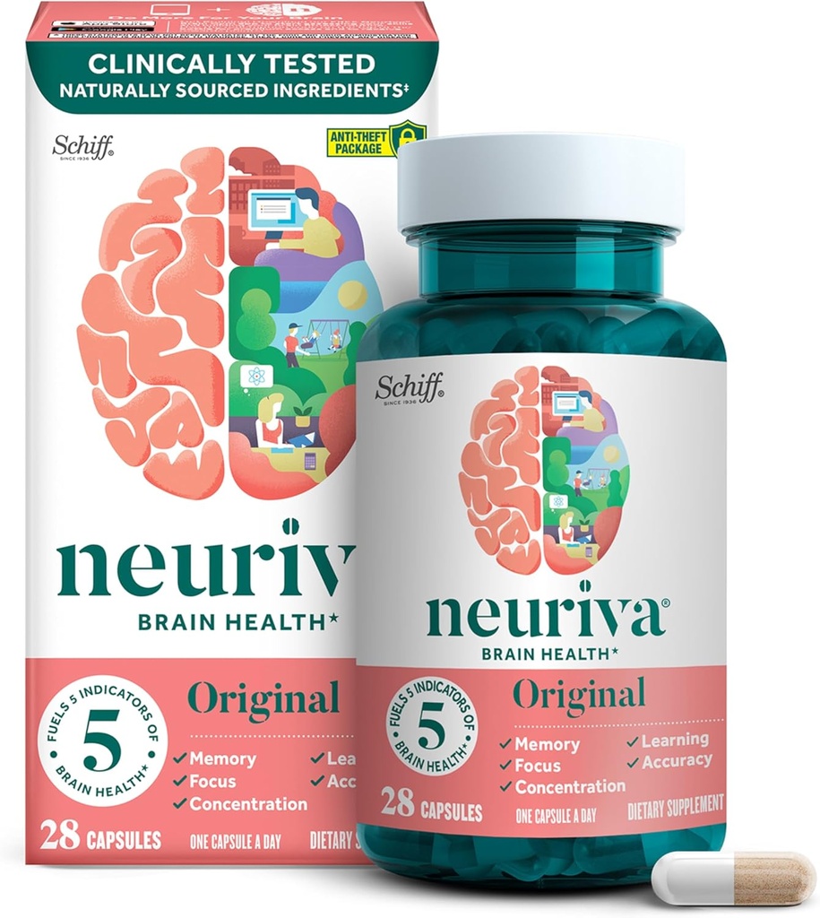 NEURIVA Original Decaffeinated Klinikly Tested Nootropic Brain Supplement for Memory, Focus & Concentration, NeuroFactor & Phosphatidylserine, 28ct Capsules