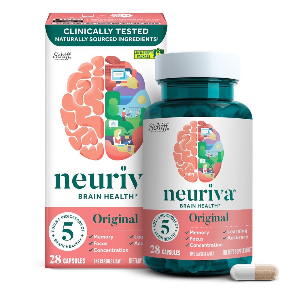NEURIVA Original Decaffeinated Klinikly Tested Nootropic Brain Supplement for Memory, Focus & Concentration, NeuroFactor & Phosphatidylserine, 28ct Capsules
