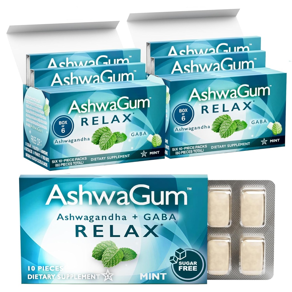 AshwaGum RELAX Gum Tarafından BetterGum, High Potency Supplement with KSM 66 Ashwagandha ve Gaba, Destekler Stres ve Gerginlik Yardımı, Alternatif to Gummies, Sugar-Free, Pack of 2