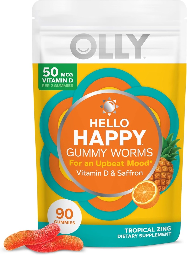 OLLY Hello Happy Gummy Worms, Mood Balance Support, Vitamin D, Saffron, Adult Chewable Supplement, Gluten Free, Tropikal Zing - 90