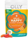 OLLY Hello Happy Gummy Worms, Mood Balance Support, Vitamin D, Saffron, Adult Chewable Supplement, Gluten Free, Tropical Zing - 90 Count