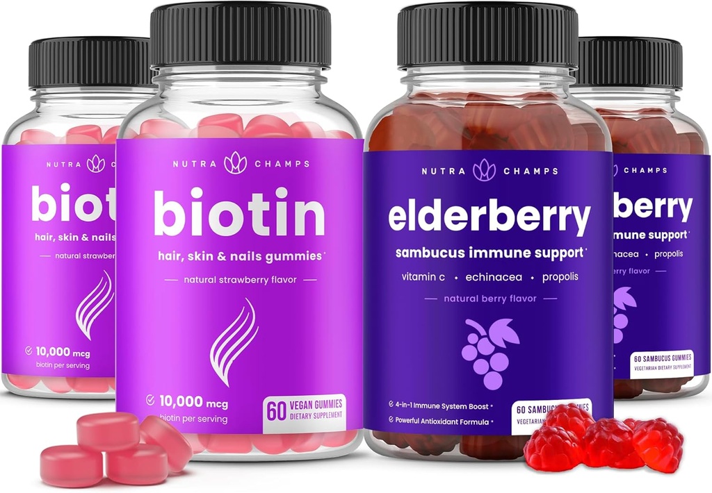 NutraChamps Biotin Gummies (2 Pack) και Elderberry Gummies (2 Pack) 4 Pack Bundle