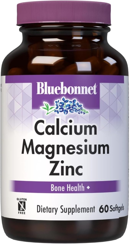 Bluebonnet Beslenme Gıda Magnezyum çinko Plus D3, 1000 mg of Kalsiyum, 500 mg of Magnezyum ve 15 mg of çinko, 400 IU Vitamin D3, Güçlü Sağlıklı Bones*, Gluten-Free, Dairy-Fee, 60 yumuşakgel