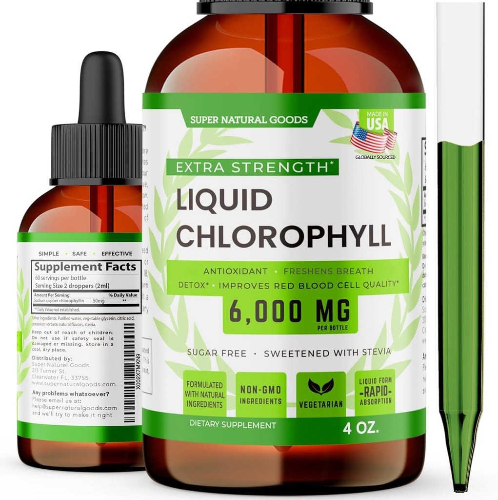 Χλωροφύλλη Υγρές σταγόνες (1500 MG) - συμπλήρωμα υποστήριξης ανοσοποιητικών για την ενέργεια, Focus & Wellness Boost, Detox Cleanse, Skin Health & Gut Health - Μη ΓΤΟ & Vegan (4oz)