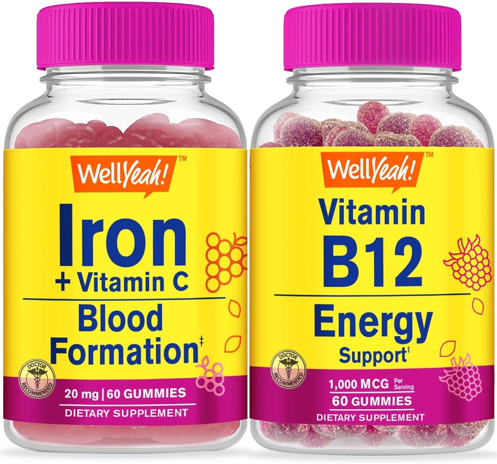 WellYeah Iron+Vitamin C + Βιταμίνη B12 1000mcg, Gummys Bundle - Μεγάλη γεύση, συμπλήρωμα βιταμίνης, χωρίς γλουτένη, GMO δωρεάν, Μασώμενο Gummy