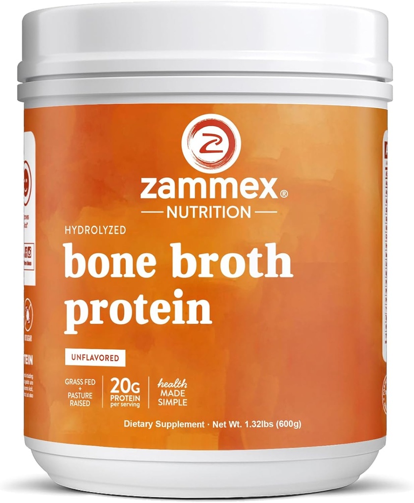 Zammex Pure Grass Fed Beef Bone Broth protein Toz,20g proteini, Hidrolyzed Collagen Supplement for Health Skin,Nails,Hair,Joints, Non-GMO,Gluten Free,Paleo & Keto Friendly, Great in Soupn