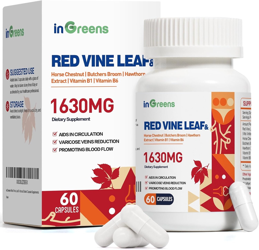 Red Vine Leaf Extract 1630 mg with Horse Chestnut, Butcher's Broom, Hawthorn Supplement for Varicose Veins, Leg, Circulation, Heart, Skin, Support for Heart Health, Made in USA, 60 Capsules