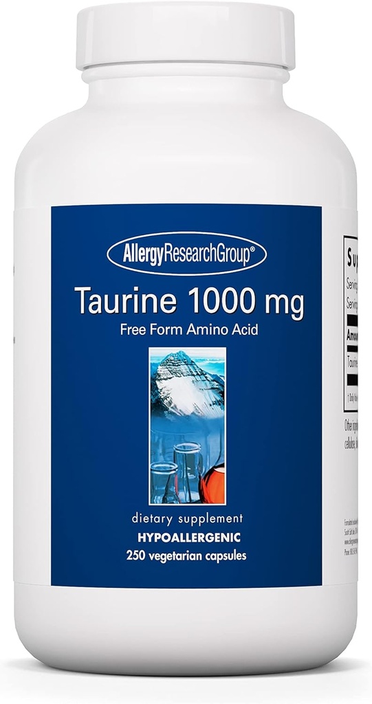 Alerji Araştırma Grubu Taurin 1000 mg Supplement - Cardiovascular Destek, Ücretsiz Form Amino Asit, Saf, Organik, Vegetarian Capsules - 250 Count Count Count