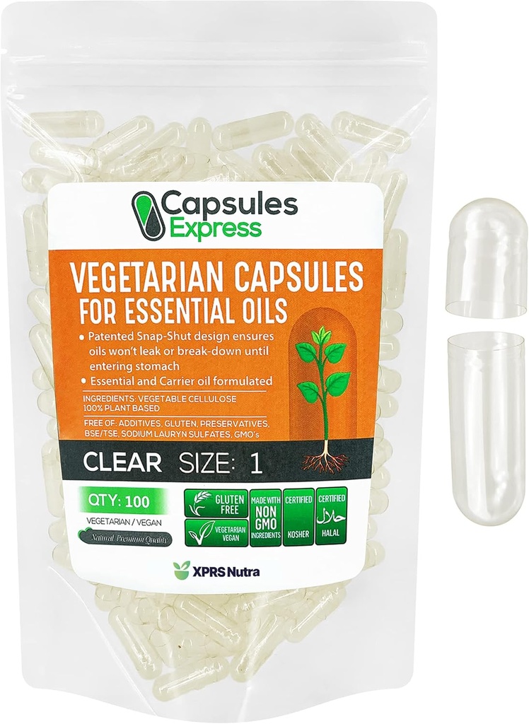 XPRS Nutra Boyutu 1 Boş Vegan Capsules - 100 Kont Clear Veggie Capsules for Most Essential Oils - Boş Sebze Pilleri - DIY Oil