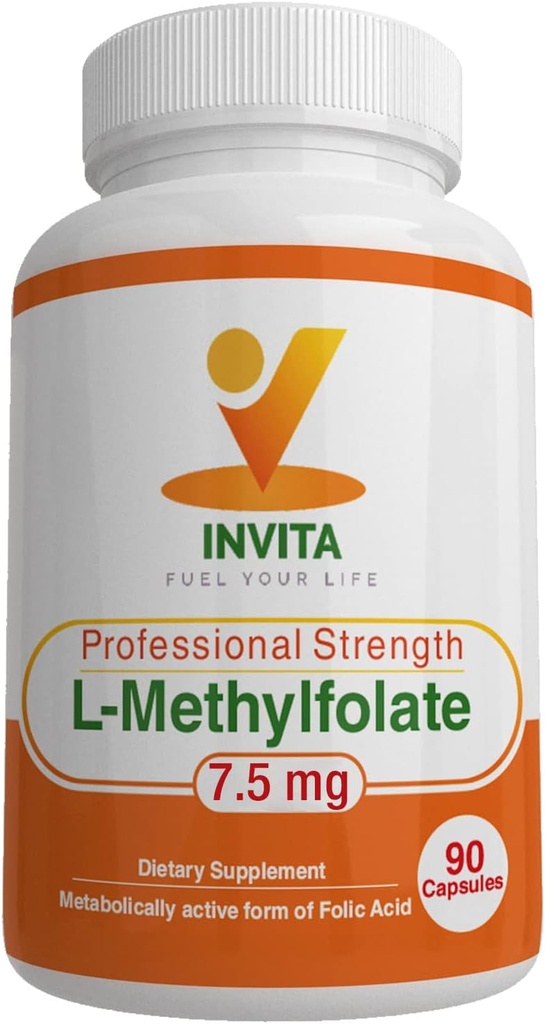 INVITA L-Methylfolate - Επαγγελματική δύναμη Ενεργό Φολικό Μεθύλιο - 5-MTHF συμπλήρωμα για την ενέργεια, Mood & ανοσοποιητική υποστήριξη - Μη ΓΤΟ, Χωρίς γλουτένη, Χωρίς πληρωτικά (7.5 Mg)