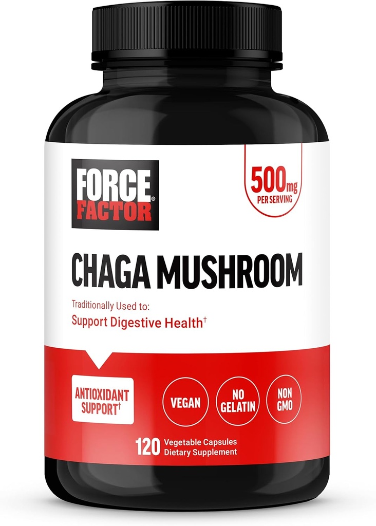 FORCE FACTOR Chaga Mushrooms Capsules, Mushroom Supplement to Support Gut Health and Digestion, Made from Real Mushrooms, Vegan, Non-GMO, 120 Capsules Capsules Capsules
