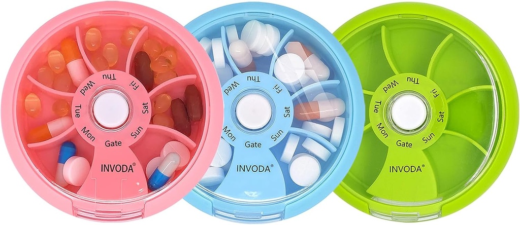 INVODA Weekly Pill Organizer 7 Karşılaştırmalı Günlük İlaçlar ve Vitaminler için Pill Box - Portatif Seyahat Pill Case Fish Oil Supplements Vitamins Organizer (Pink+Sky Blue+Green)