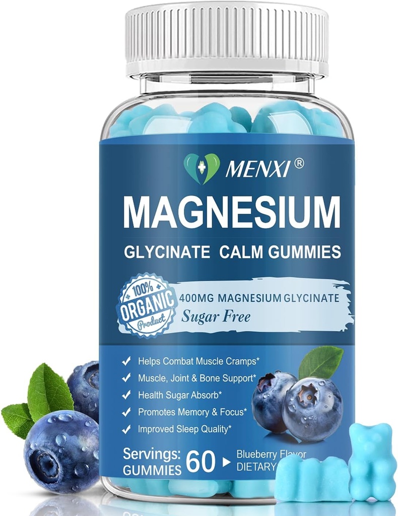 Magnezyum Gummies 600 mg per Service-Magnesium Glycinate 400 mg ve Magnezyum Malate 200 mg,Sugar Free Magnezyum P Properties Supplement for Calm Mood, Muscle, Bone & Sleep Support,60 Blueberry Gummies