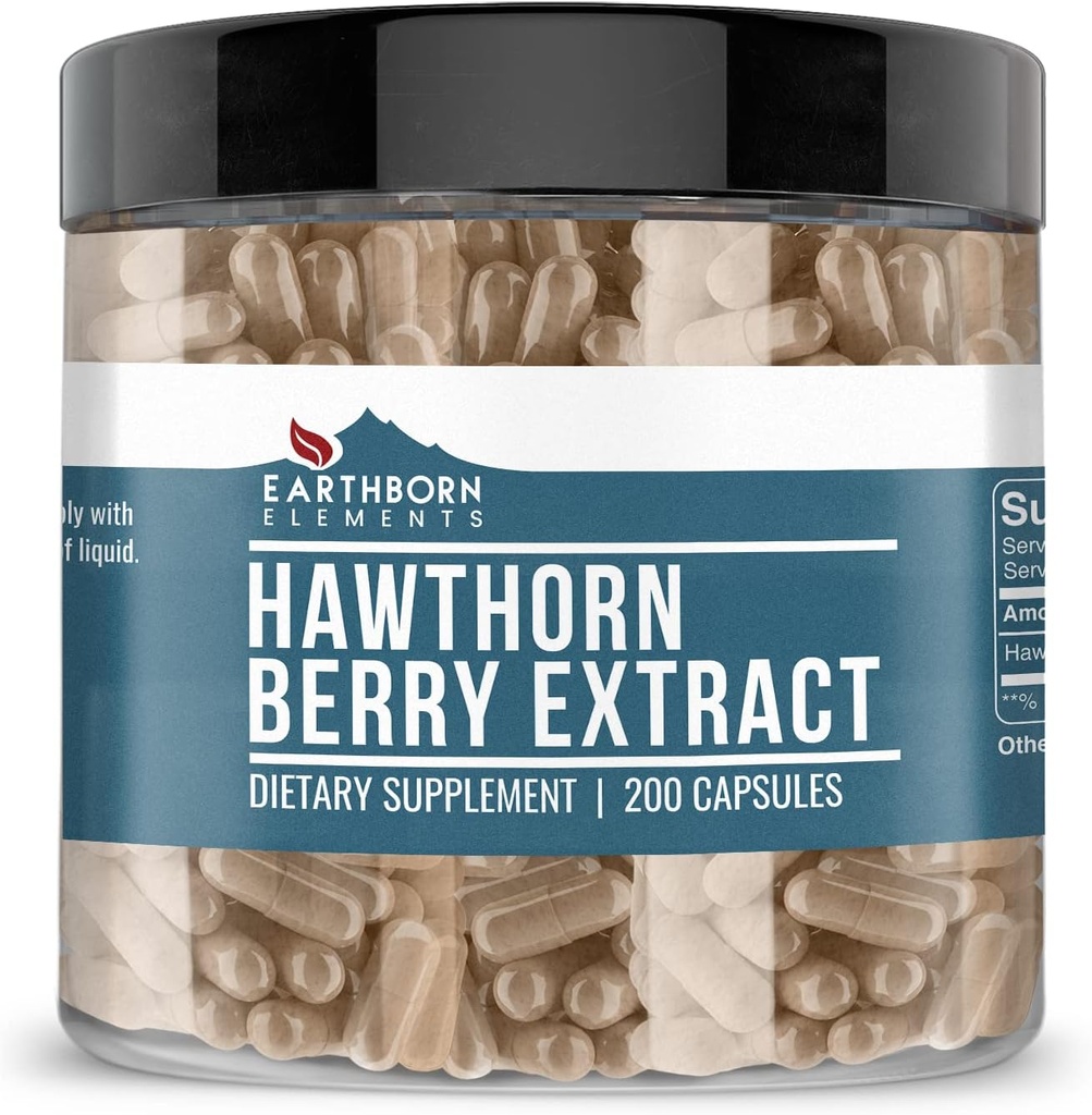 Earthborn Elements Hawthorn Berry Extract 200 Capsules, Pure & Undiluted, No Additives