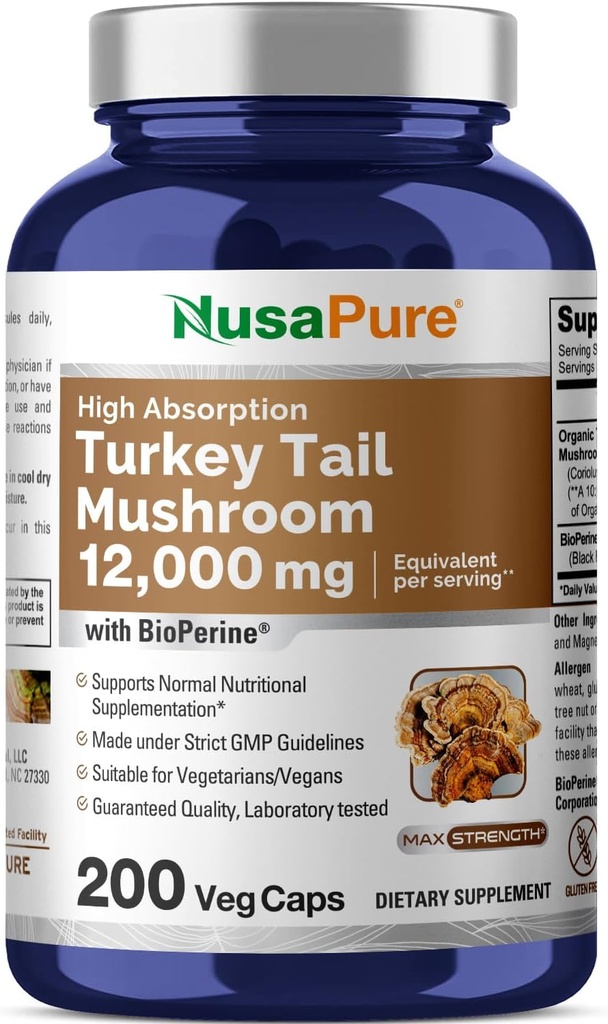 NusaPure Turkey Tail Mushroom Capsules, 10:1 Extract, 1200 mg Equivalent to 12 mg, 200 Vcaps, Non-GMO, Gluten Free, Bioperine