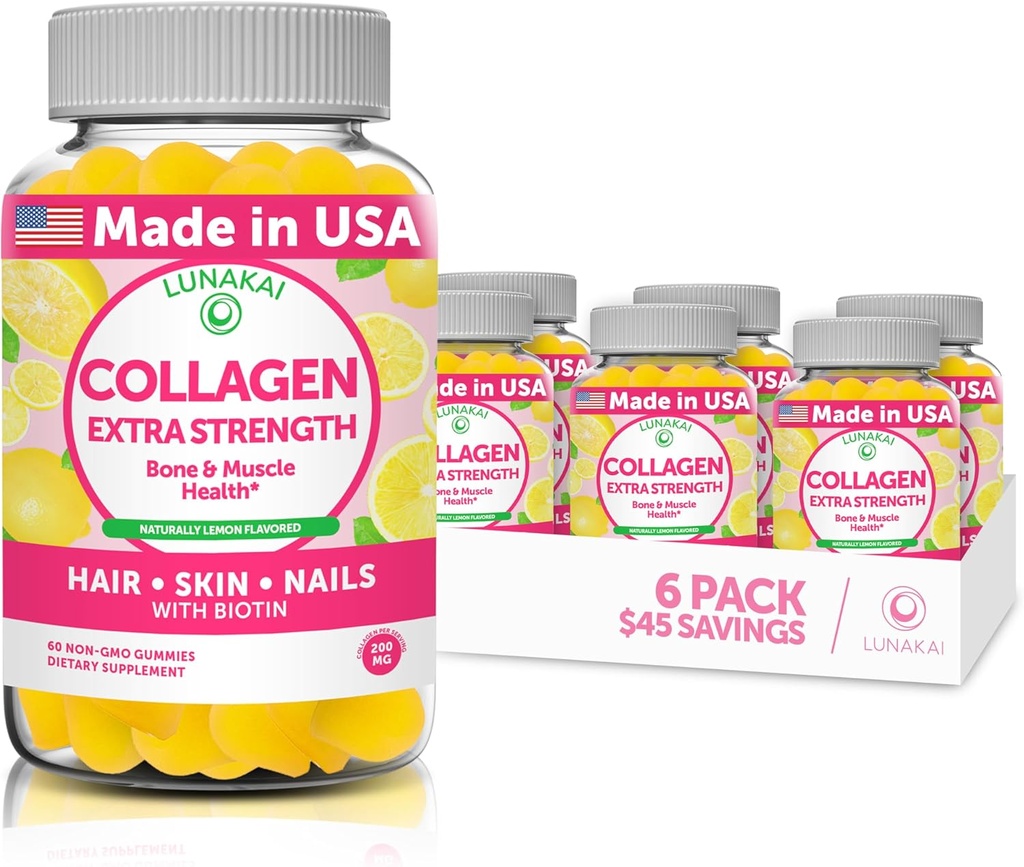 Lunakai Collagen Gummies - Tastiest Proprietary Formula - 200 mg Hydrolyzed Collagen Gummies for Women and Men with Biotin, çinko, C and E - Non-GMO Anti Aging Supplement for Women - 6 Pack