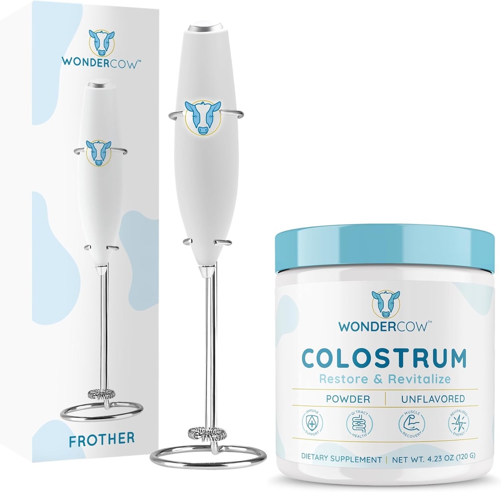 WONDERCOW Bovine Colostrum Powder Supplement για την υγεία των ούρων, την ανοσοποιητική υποστήριξη, την αποκατάσταση των μυών και την ευεξία Unflavored + Frother γάλακτος υψηλής ισχύος Mixer χέρι