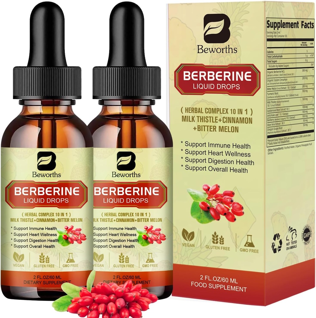 2Pack Berberine Supplement - Βερβερίνες Υγρές σταγόνες με Κεϋλάνη Κανέλα, Κουρκουμάς, Πικρό Μελόνι, Μήλο Γάλατος, Βερβερίνη HCL συμπλήρωμα ενεργοποιεί AMPK & GLP-1 για την υποστήριξη συστήματος πέψης