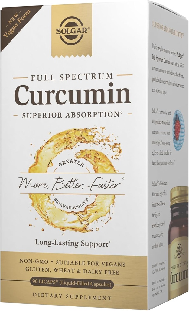 Solgar Full Spectrum Curcumin - 90 LiCaps - Ανώτερη απορρόφηση - Εγκεφαλική, Κοινή & Ανοσολογική Υγεία - Μη ΓΤΟ, Vegan, Χωρίς γλουτένη, Χωρίς γαλακτοκομικά - 90 Μερίδες