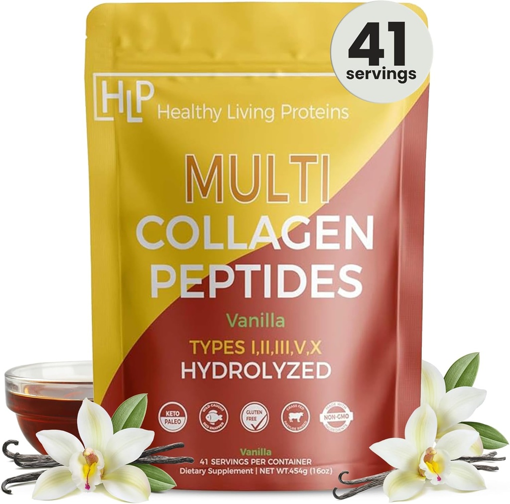 Sağlıklı Yaşam Proteinleri - Hidrolyzed Multi Collagen, Toz Türü I, II, III, V & X - Grass Fed Bovine, Wild Caught Marine, Free Range Chicken - Gluten Free (Vanilla, 16 oz)